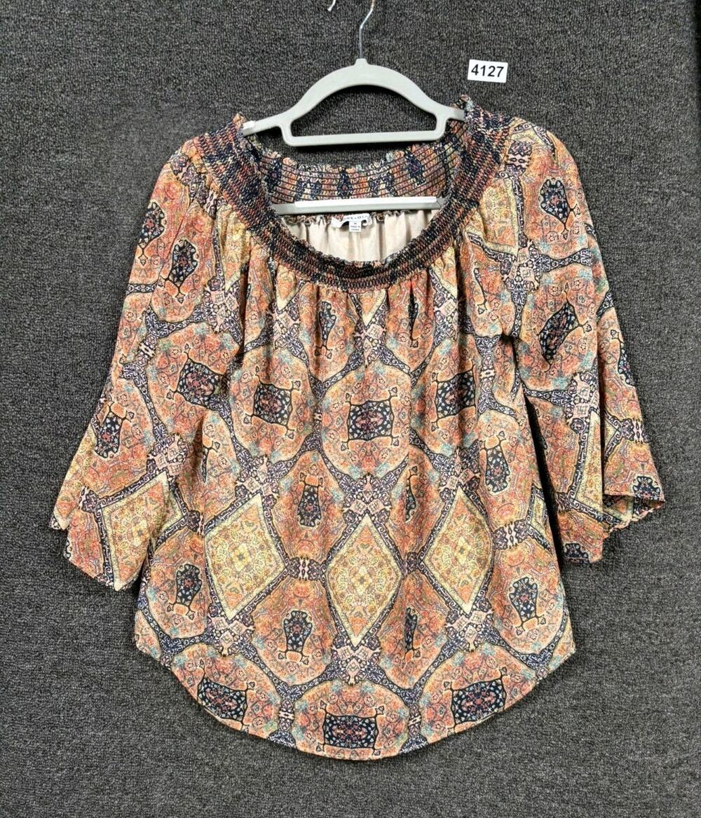 Rose & Olive Top Women Size M Peasant Print Multicolor 3/4 Sleeve Boho Artsy